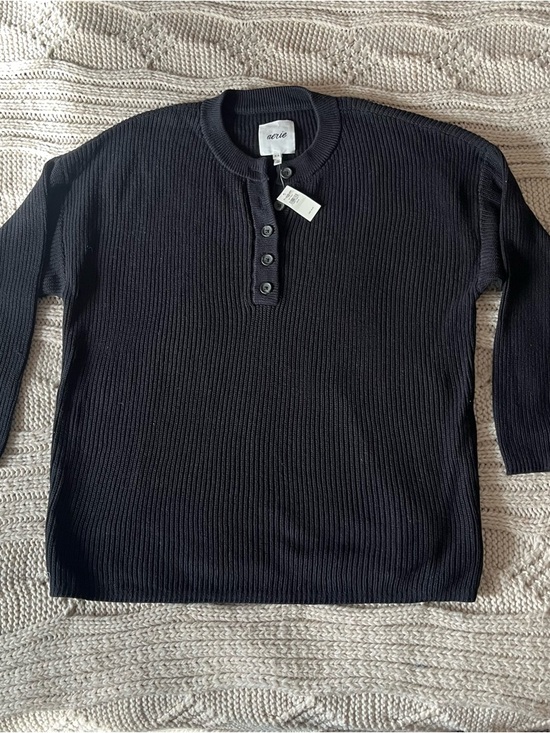 aerie Sweaters - aerie Black Ribbed Henley Crew Sweater